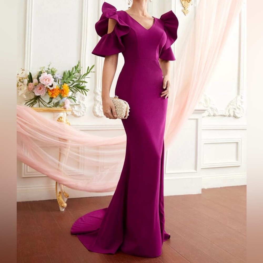 Ruffle cut-out sleeve evening gown